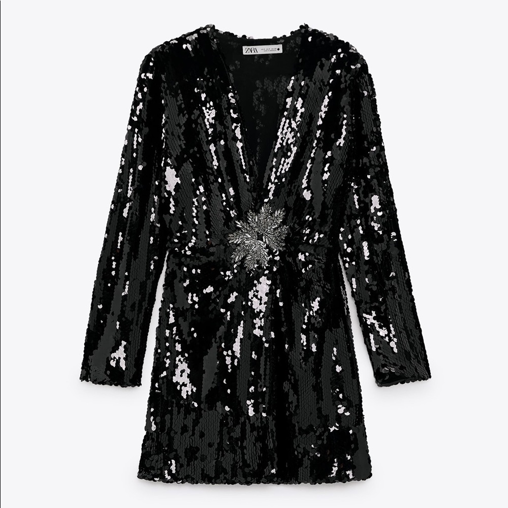 Zara Black Sequin Dress with Floral Applique Detail - Great New Year’s Eve Dress